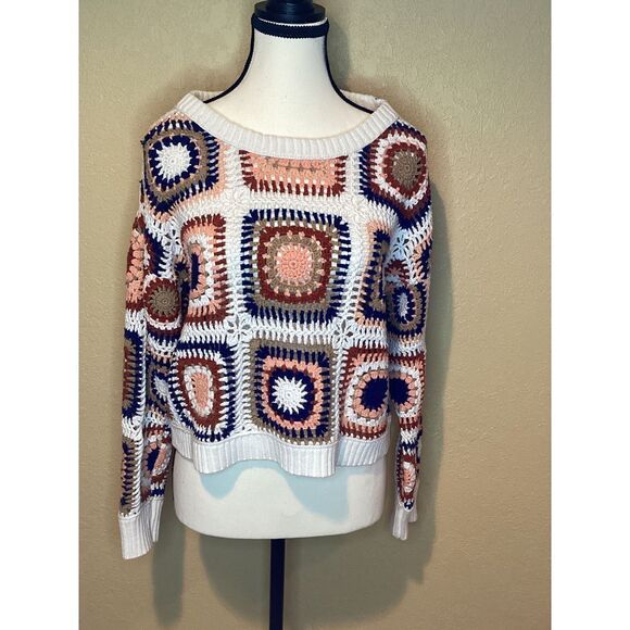 Zara Crochet Granny Square Crewneck Sweater Boho Chic Colorful Knit Pullover - Picture 1 of 6